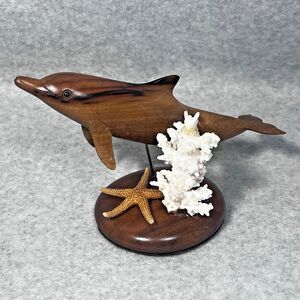 Hand Carved Wooden Dolphin Sculpture Starfish Coral Marine Life Nautical Coastal
